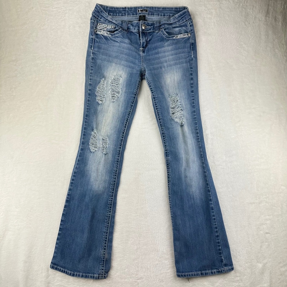 Soundgirl Jeans Womens Bootcut 9 Blue Distressed Lace Y2K Denim Cotton